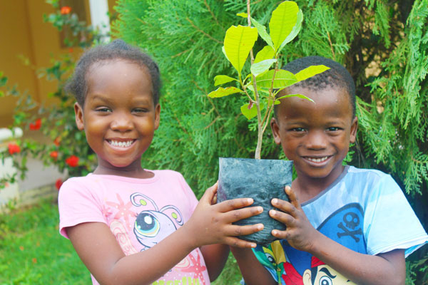 Twee kinderen uit Haïti die een plant vasthouden